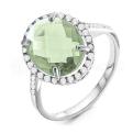 Кольцо из серебра с пл.кварцем цв.зелёный и фианитами родированное