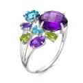 Кольцо из серебра с пл.кварцем цв.аметист,хризолит,топаз родированное