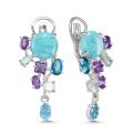 Серьги из серебра с рек.бирюзой, пл.кварцем цв.аметист, swiss топаз и фианитами родированные