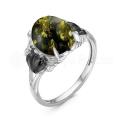 Кольцо из серебра с нат.зелёным янтарём и фианитами родированное