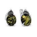 Серьги из серебра с нат.зелёным янтарём и фианитами родированные
