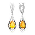 Серьги из серебра с кварцем цитрин и фианитами родированные