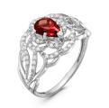 Кольцо из серебра с пл.кварцем цв.гранат и фианитами родированное