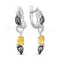 Серьги из серебра с кварцем цитрин и фианитами родированные