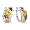 Серьги из серебра с пл. кварцем цв.цитрин, раухтопаз и фианитами родированные