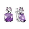 Серьги из серебра с кварцем аметист и фианитами родированные