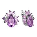 Серьги из серебра с кварцем аметист и фианитами родированные