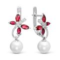 Серьги из серебра с жемчугом Сваровски, пл.кварцем цв.гранат и фианитами родированные