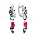 Серьги из серебра с синт.рубином и фианитами родированные