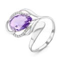 Кольцо из серебра с кварцем аметист и фианитами родированное