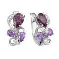 Серьги из серебра с синт.александритом, нат.аметистом и фианитами родированные