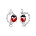 Серьги детские из родированного серебра с эмалью и фианитами - Божьи коровки