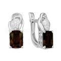 Серьги из серебра с нат.раух-топазом и фианитами родированные