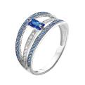 Кольцо из серебра с кварцем сапфир и фианитами родированное