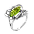 Кольцо из серебра с пл.кварцем цв.хризолит и фианитами родированное