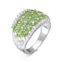 Кольцо из серебра с пл.кварцем цв.хризолит и фианитами родированное
