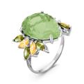 Кольцо из серебра с пл.кварцем цв.празиолит, цитрин и хризолит родированное