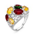 Кольцо из серебра с пл.кварцем цв.гранат, цв.цитрин и фианитами родированное