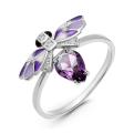 Кольцо из серебра с пл.кварцем цв.аметист, фианитами и эмалью родированное - Пчела