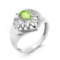 Кольцо из серебра с нат.хризолитом и фианитами родированное