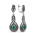 Серьги из чернёного серебра с нат.зелёным агатом и марказитами