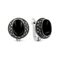Серьги из серебра с нат.ониксом и марказитами родированные
