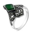 Кольцо из чернёного серебра с нат.зелёным агатом и марказитами