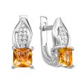 Серьги из серебра с кварцем цитрин и фианитами родированные