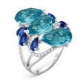 Кольцо из серебра с пл.кварцем цв.сапфир, цв.топаз и фианитами родированное