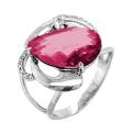 Кольцо из серебра с пл.кварцем цв.рубин и фианитами родированное