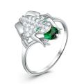 Кольцо из серебра с плавленым зелёным кварцем и фианитами родированное - Лягушка