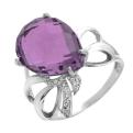 Кольцо из серебра с пл.кварцем цв.родолит и фианитами родированное
