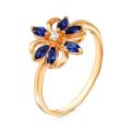Кольцо из золочёного серебра с пл.кварцем цв.сапфир и фианитами
