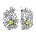 Серьги из серебра с нат.хризолитом и фианитами родированные