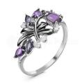 Кольцо из серебра с нат.аметистом, синт.александритом и фианитами родированное