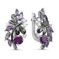 Серьги из серебра с нат.аметистом, синт.александритом и фианитами родированные