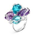Кольцо из серебра с пл.кварцем цв.аметист, цв.топаз и фианитами родированное