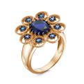 Кольцо из золочёного серебра с пл. кварцем цв. сапфир и фианитами 