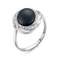 Кольцо из серебра с культ. чёрным жемчугом и фианитами родированное
