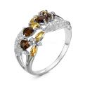 Кольцо из серебра с пл.кварцем раухтопаз, пл.кварцем цитрин и фианитами родированное