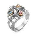 Кольцо из  серебра с натуральным топазом, нат. аметистом, нат. гранатом с золочением родированное