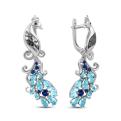 Серьги из серебра с пл.кварцем sky топаз, пл.кварцем сапфир и фианитами родириованные