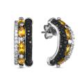Серьги-пусеты из серебра с кожей ската, эмалью, нат.цитрином и куб.цирконием родированные