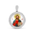 Подвеска-икона из родированного серебра с росписью на перламутре и фианитами - Спаситель