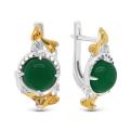 Серьги из серебра с нат.зелёным агатом, фианитами и позолотой родированные