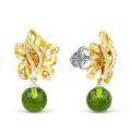 Серьги-пусеты из серебра с кварцем хризолит, фианитами и позолотой