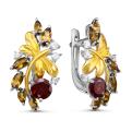 Серьги из серебра с нат.гранатом, пл.кварцем цв.раухтопаз, фианитами и позолотой родированные