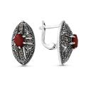 Серьги из чернёного серебра с рек. красным агатом и марказитами