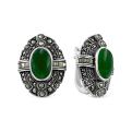 Серьги из чернёного серебра с нат.зелёным агатом и марказитами