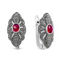 Серьги из чернёного серебра с рубиновым корундом и марказитами